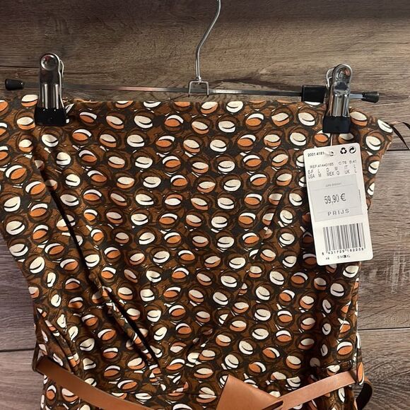 MNG COLLECTION Strapless Mini Dress Bow Belt Brown White Abstract Print Size Med - Picture 5 of 9